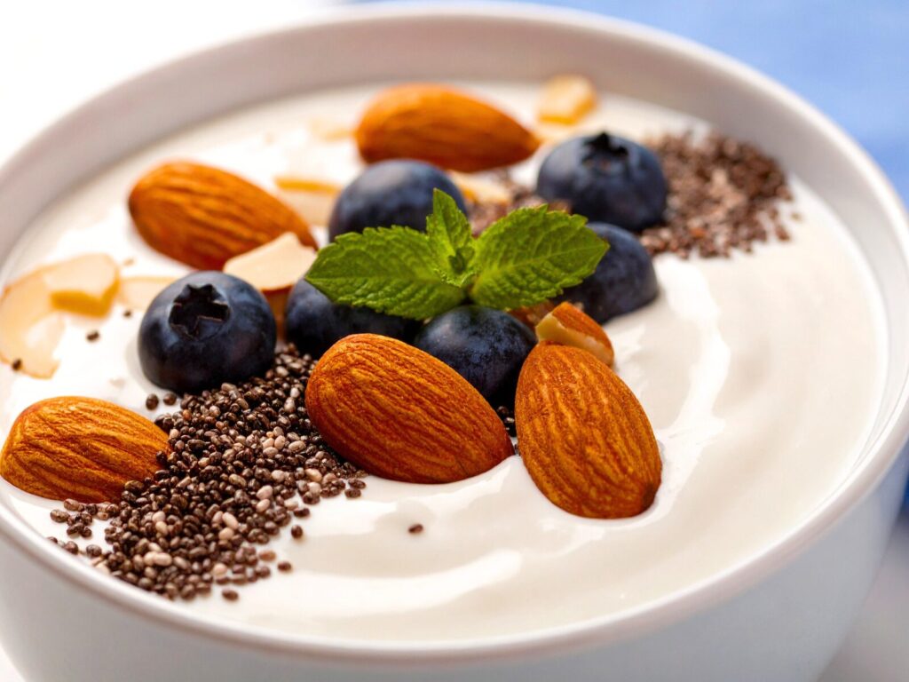 Greek Yogurt with Chia Seeds and Berries - high protein high fiber snacks